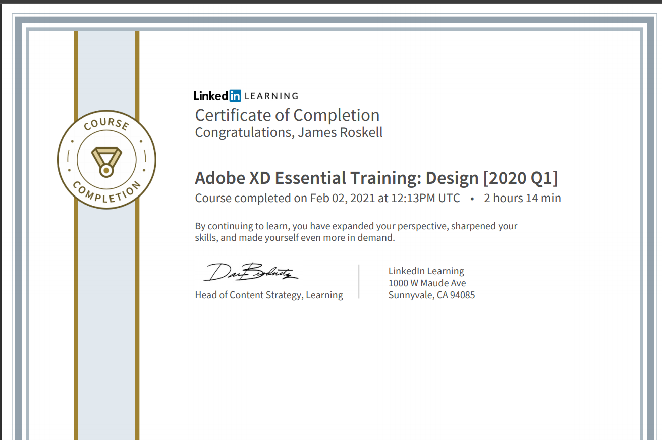 certificate of completion for adobe XD